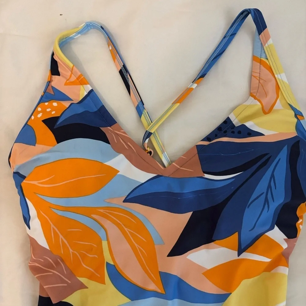 Kona Sol Tropical Floral Print One-Piece Swimsuit Orange Blue